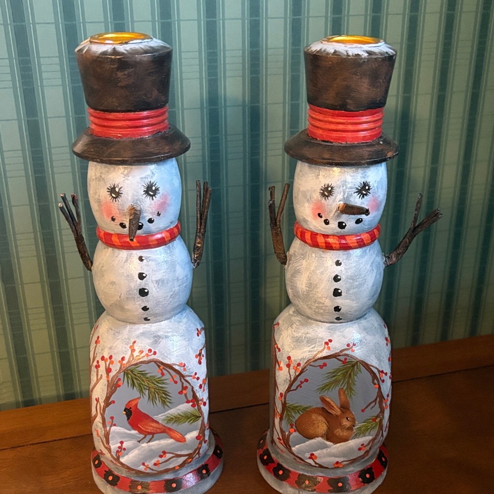 Hand painted Folk Art Tole  Snowman Candle Holders